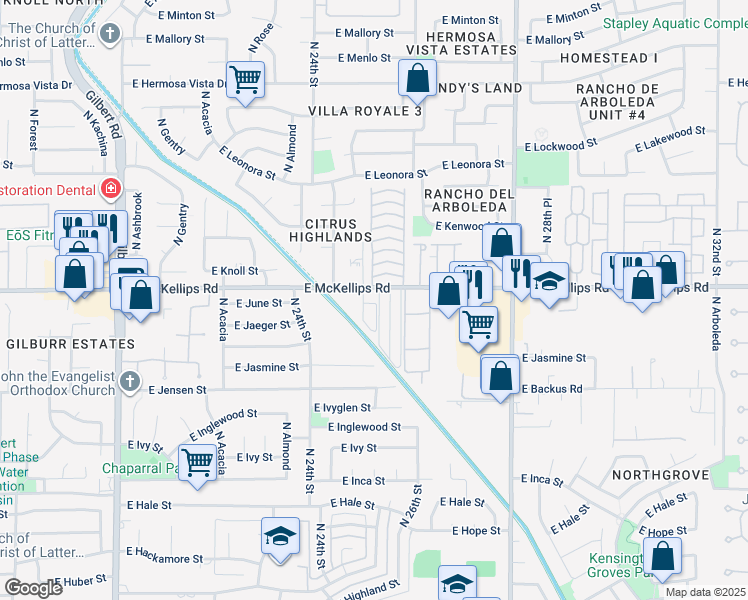 map of restaurants, bars, coffee shops, grocery stores, and more near 25 Apache Tears Mobile Home Park in Mesa