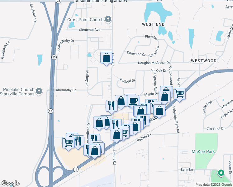 map of restaurants, bars, coffee shops, grocery stores, and more near 2704 Maple Drive in Starkville