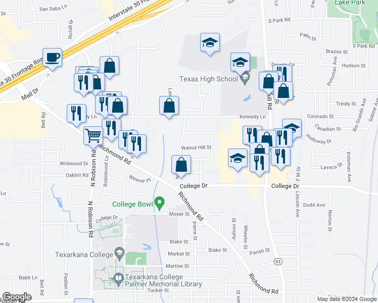 map of restaurants, bars, coffee shops, grocery stores, and more near 2313 Walnut Hill Street in Texarkana