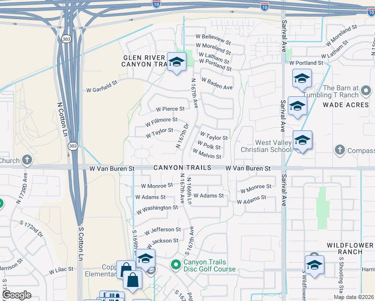 map of restaurants, bars, coffee shops, grocery stores, and more near 342 North 166th Lane in Goodyear