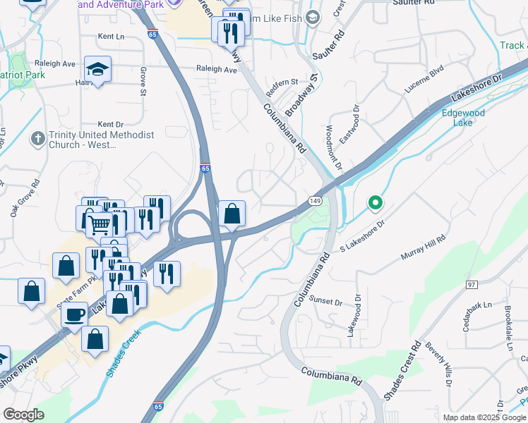 map of restaurants, bars, coffee shops, grocery stores, and more near 1204 Ivy Brook Circle in Birmingham
