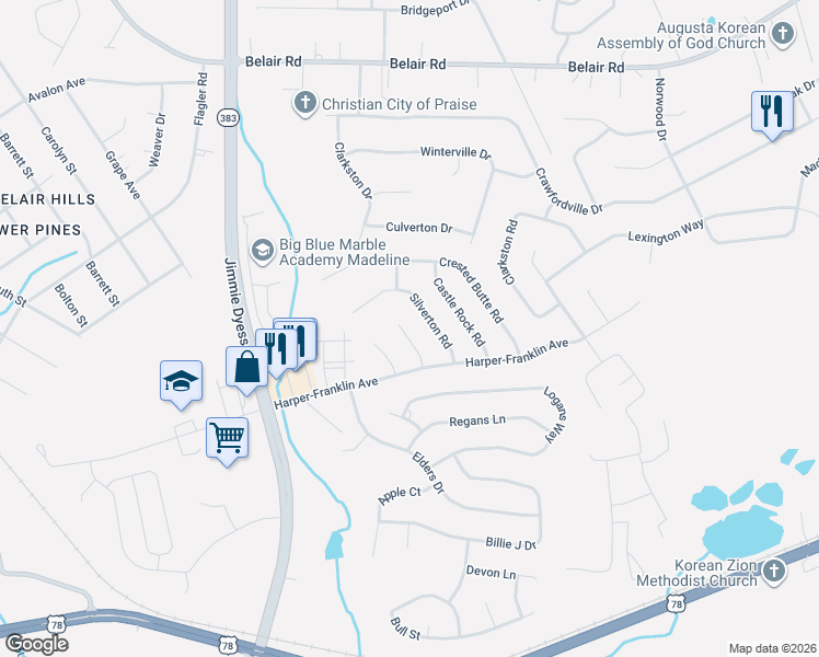 map of restaurants, bars, coffee shops, grocery stores, and more near 4413 Silverton Road in Augusta