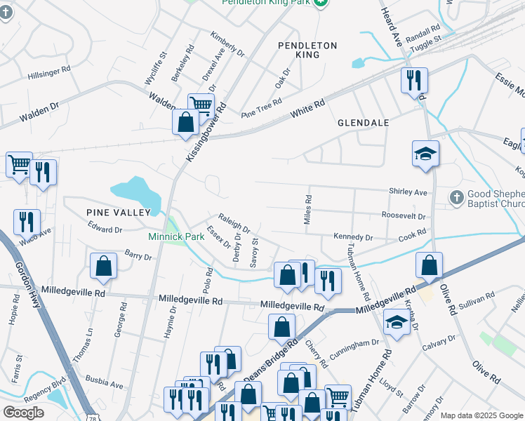 map of restaurants, bars, coffee shops, grocery stores, and more near 2136 Roosevelt Drive in Augusta