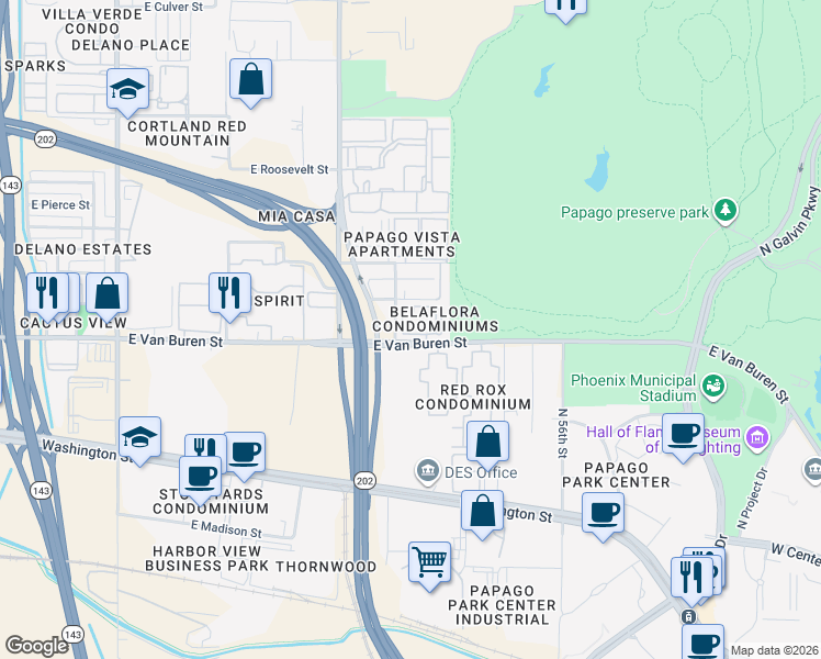 map of restaurants, bars, coffee shops, grocery stores, and more near 5202 East Van Buren Street in Phoenix