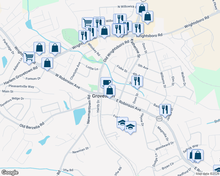 map of restaurants, bars, coffee shops, grocery stores, and more near 114 2nd Avenue in Grovetown