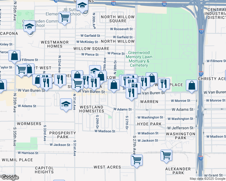 map of restaurants, bars, coffee shops, grocery stores, and more near 2812 West Van Buren Street in Phoenix