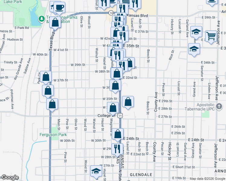 map of restaurants, bars, coffee shops, grocery stores, and more near 101-197 W 36th St in Texarkana