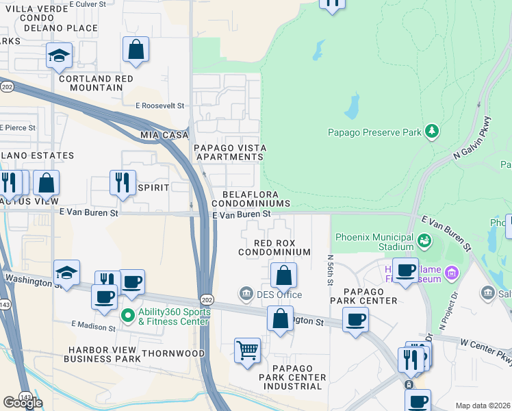 map of restaurants, bars, coffee shops, grocery stores, and more near 5302 East Van Buren Street in Phoenix