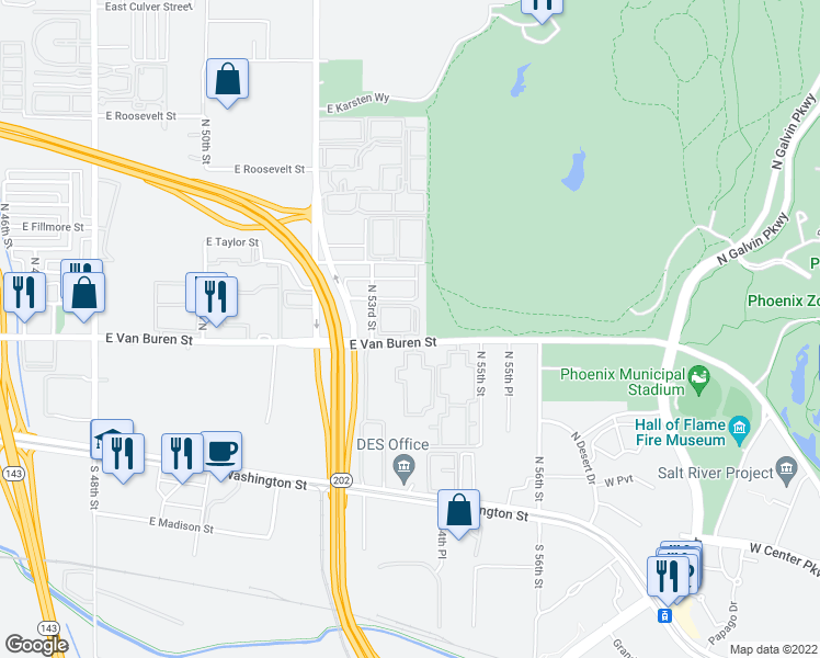 map of restaurants, bars, coffee shops, grocery stores, and more near 5302 East Van Buren Street in Phoenix