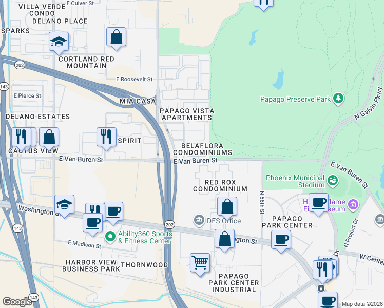 map of restaurants, bars, coffee shops, grocery stores, and more near 5202 East Van Buren Street in Phoenix