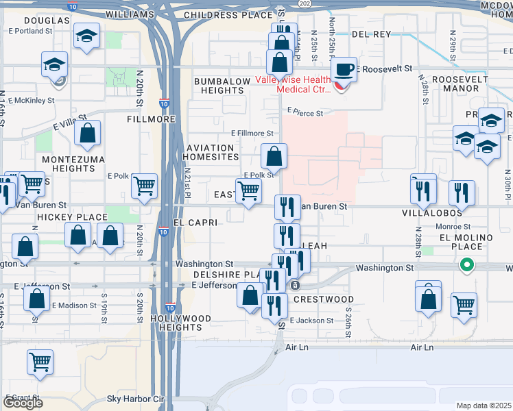map of restaurants, bars, coffee shops, grocery stores, and more near 2306 East Van Buren Street in Phoenix