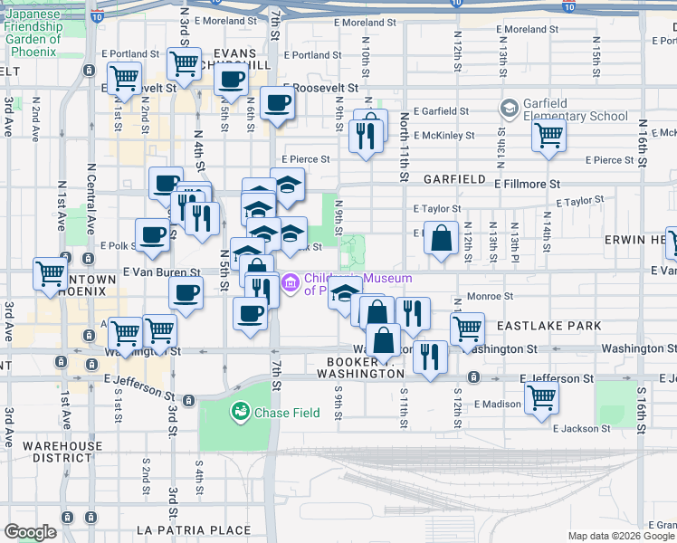 map of restaurants, bars, coffee shops, grocery stores, and more near in Phoenix