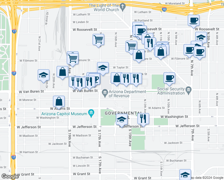 map of restaurants, bars, coffee shops, grocery stores, and more near 1550 West Van Buren Street in Phoenix