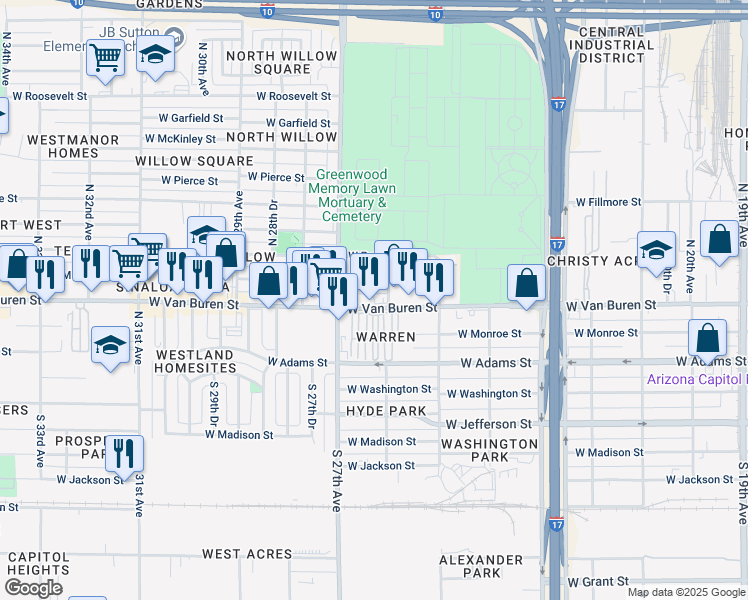 map of restaurants, bars, coffee shops, grocery stores, and more near 2612 West Van Buren Street in Phoenix