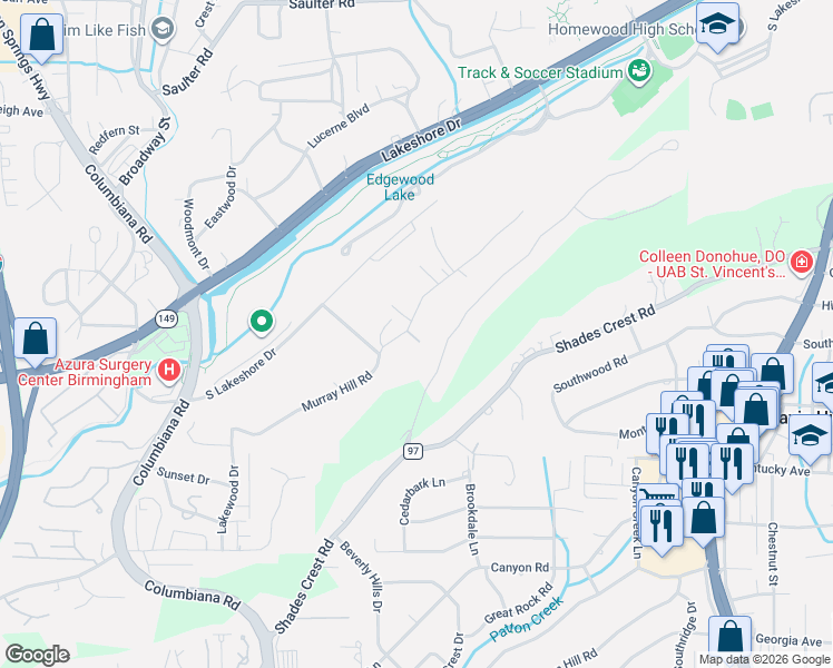 map of restaurants, bars, coffee shops, grocery stores, and more near 1821 Lakeridge Road in Vestavia Hills