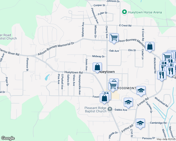 map of restaurants, bars, coffee shops, grocery stores, and more near 101 Jones Avenue in Bessemer