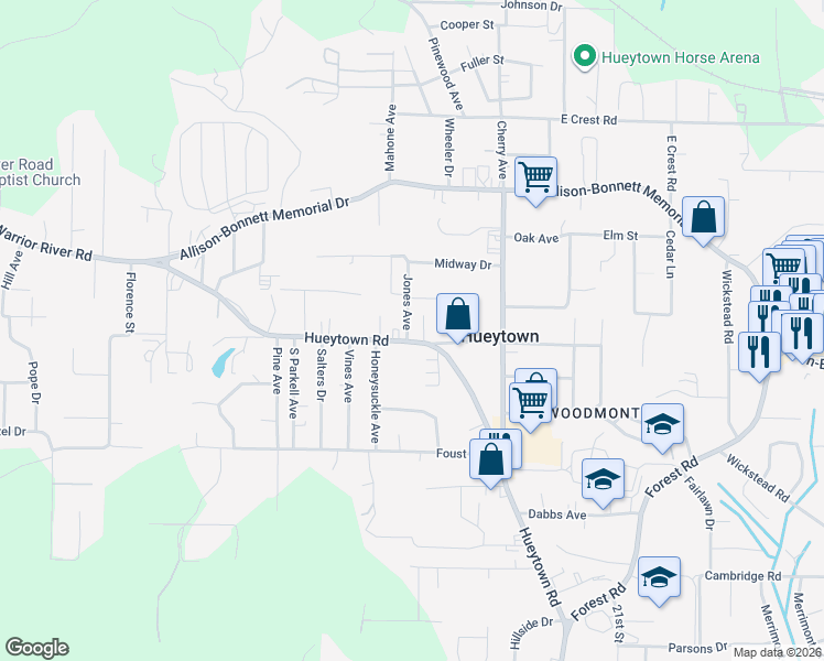 map of restaurants, bars, coffee shops, grocery stores, and more near 101 Jones Avenue in Bessemer