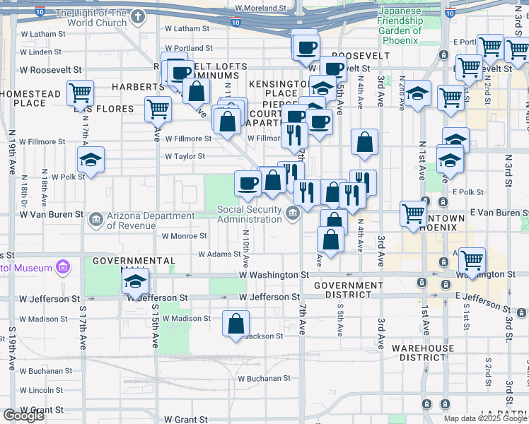 map of restaurants, bars, coffee shops, grocery stores, and more near W Van Buren St & N 9th Ave in Phoenix