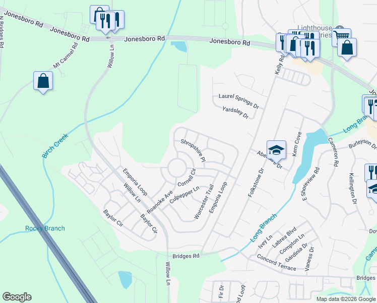 map of restaurants, bars, coffee shops, grocery stores, and more near 2424 Cornell Cir in McDonough