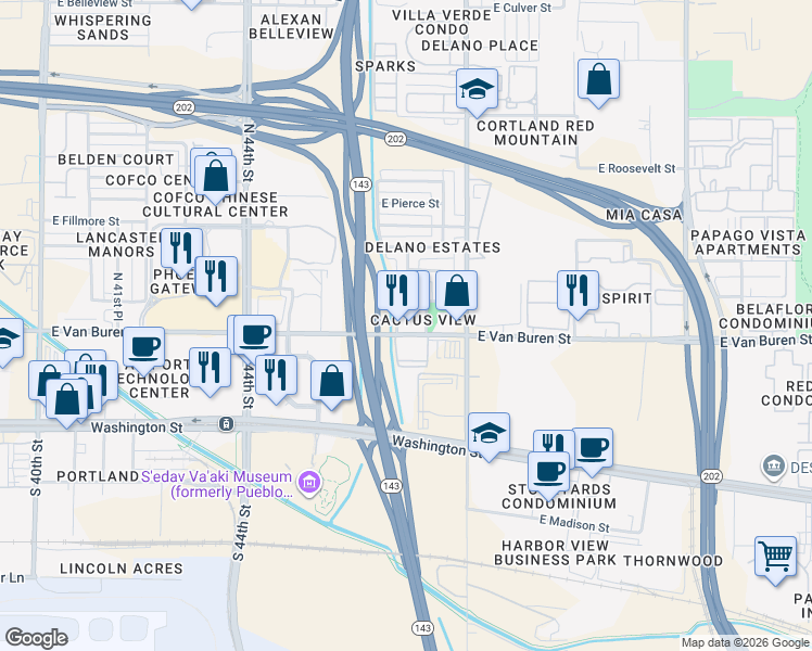 map of restaurants, bars, coffee shops, grocery stores, and more near 4702 East Van Buren Street in Phoenix