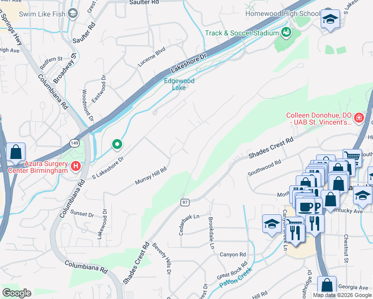 map of restaurants, bars, coffee shops, grocery stores, and more near 1821 Lakeridge Road in Vestavia Hills