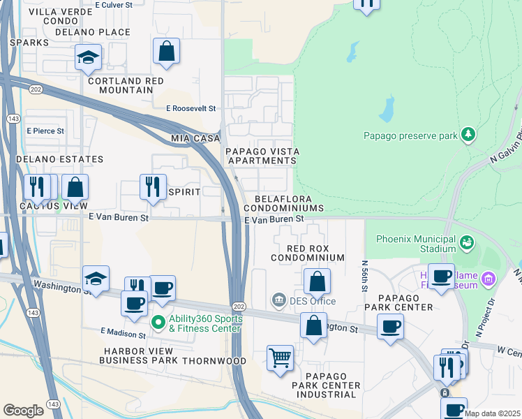 map of restaurants, bars, coffee shops, grocery stores, and more near 5202 East Van Buren Street in Phoenix