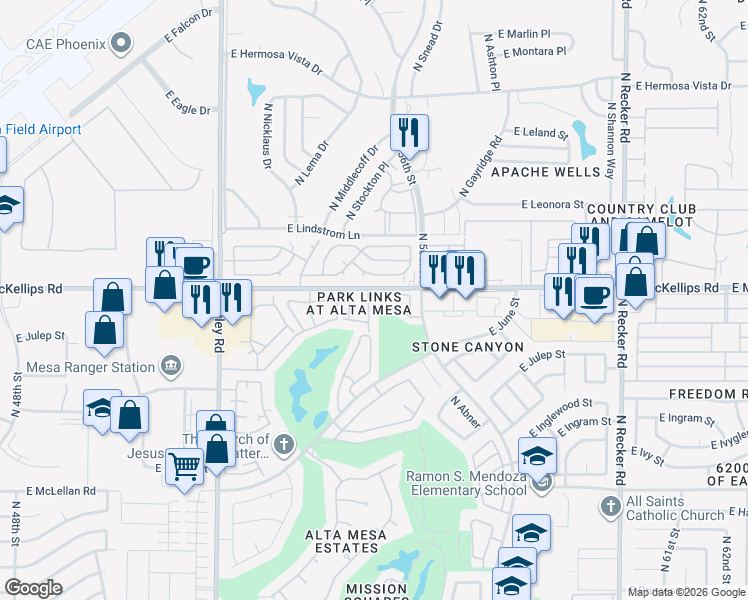 map of restaurants, bars, coffee shops, grocery stores, and more near 5445 East McKellips Road in Mesa