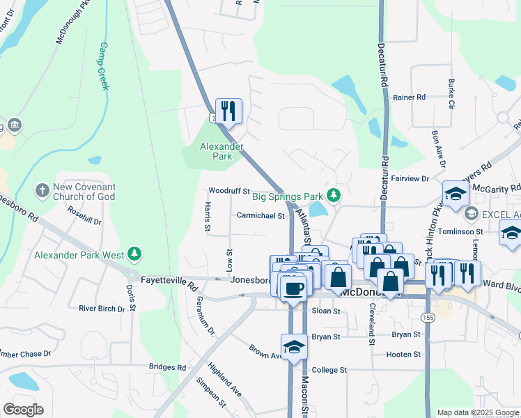 map of restaurants, bars, coffee shops, grocery stores, and more near 27 Carmichael Street in McDonough