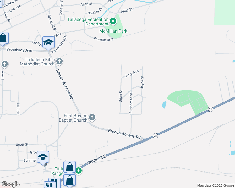 map of restaurants, bars, coffee shops, grocery stores, and more near 216 Brian Street in Talladega