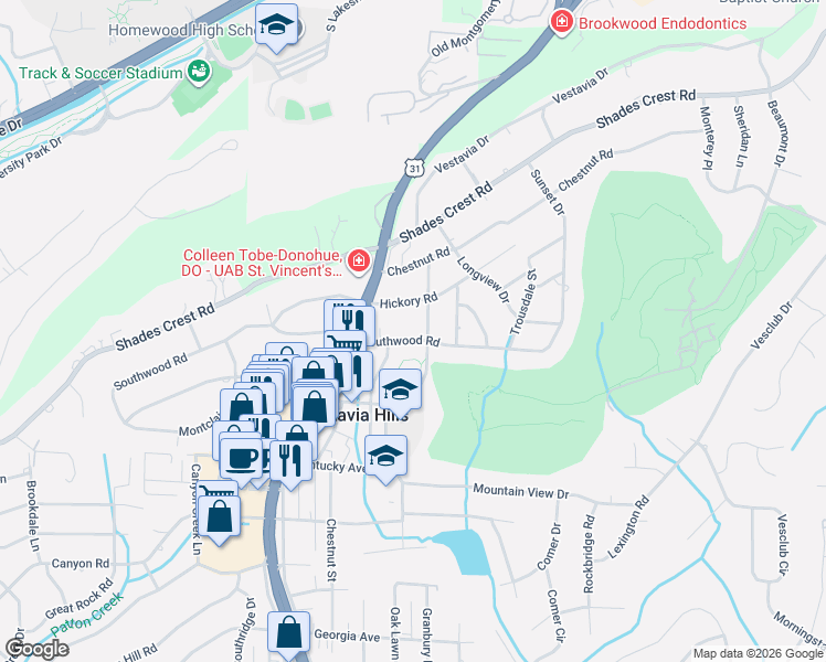 map of restaurants, bars, coffee shops, grocery stores, and more near 2016 Southwood Road in Vestavia Hills