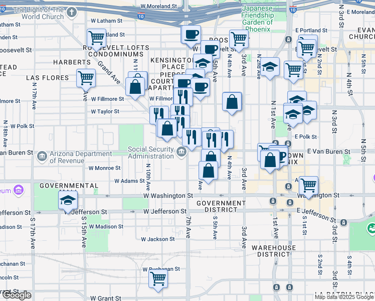 map of restaurants, bars, coffee shops, grocery stores, and more near N 7th Ave & W Van Buren St in Phoenix