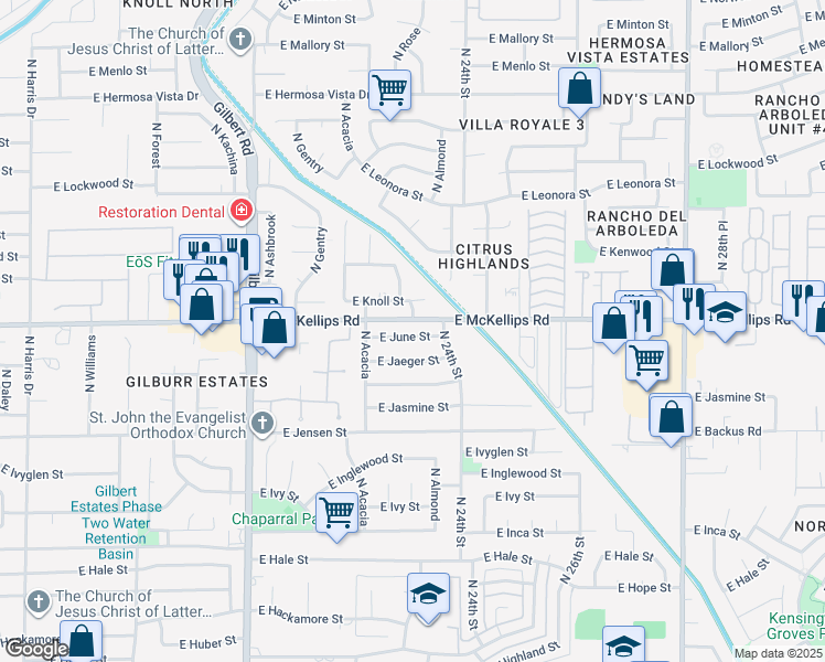 map of restaurants, bars, coffee shops, grocery stores, and more near 2310 East June Street in Mesa
