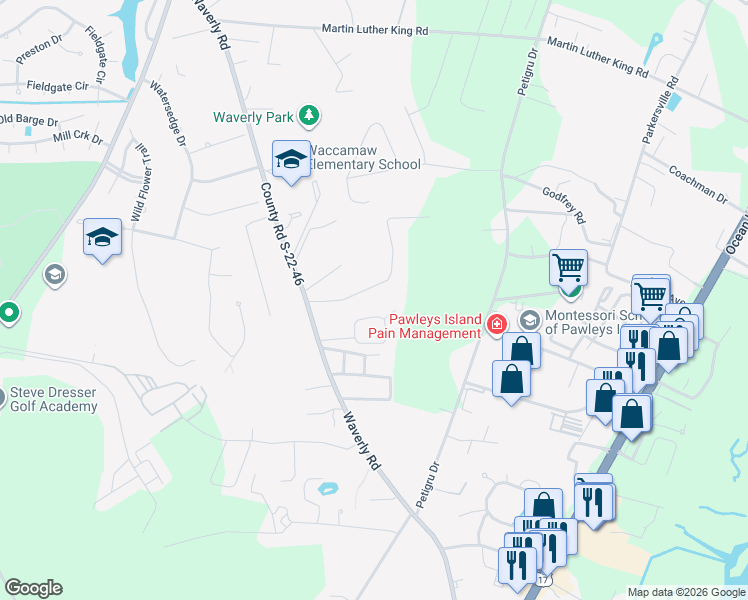 map of restaurants, bars, coffee shops, grocery stores, and more near 138 Sherman Road in Pawleys Island