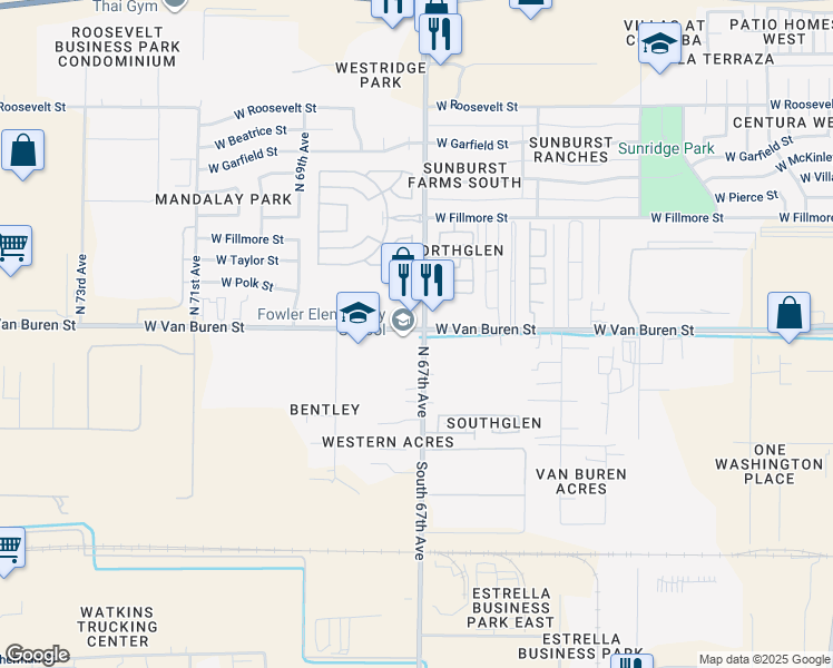 map of restaurants, bars, coffee shops, grocery stores, and more near 6707 West Van Buren Street in Phoenix