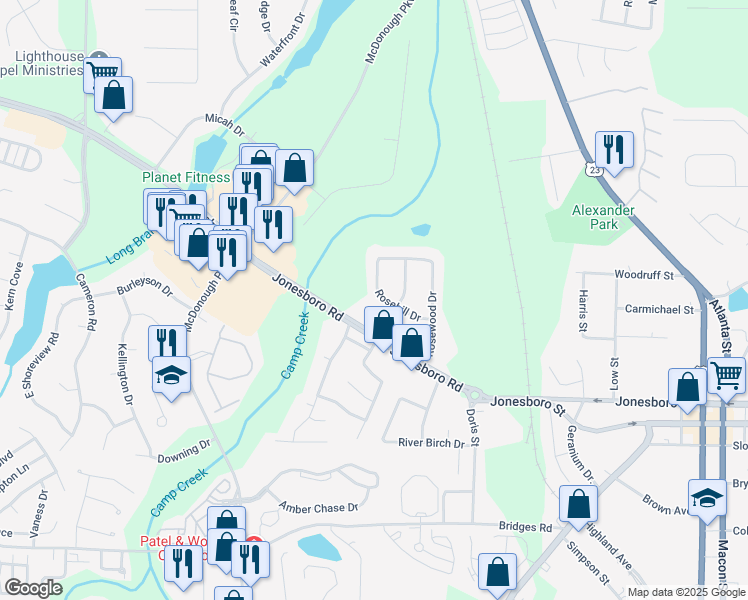 map of restaurants, bars, coffee shops, grocery stores, and more near 410 Rosehill Drive in McDonough