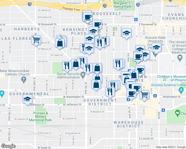 map of restaurants, bars, coffee shops, grocery stores, and more near 300 North 6th Avenue in Phoenix
