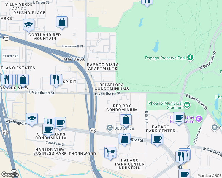 map of restaurants, bars, coffee shops, grocery stores, and more near 5302 East Van Buren Street in Phoenix