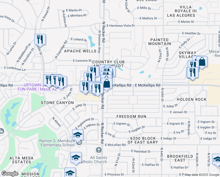 map of restaurants, bars, coffee shops, grocery stores, and more near 6033 East McKellips Road in Mesa