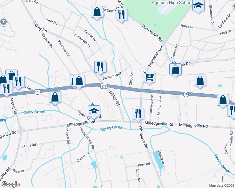 map of restaurants, bars, coffee shops, grocery stores, and more near 2244 Sibley Road in Augusta