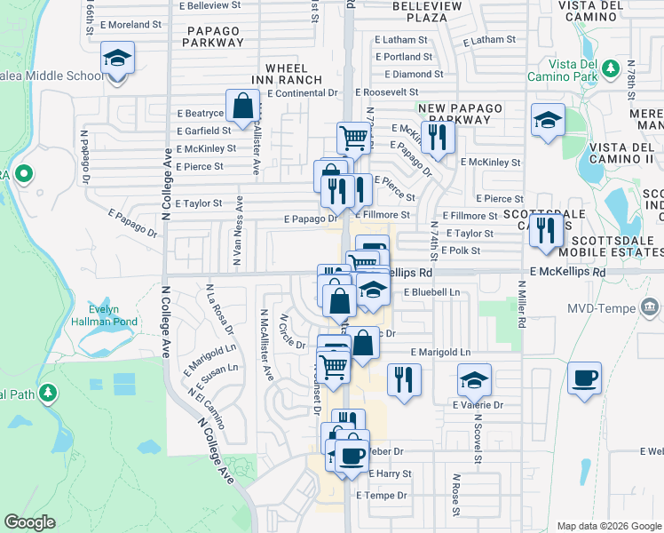 map of restaurants, bars, coffee shops, grocery stores, and more near 2100 North Scottsdale Road in Tempe
