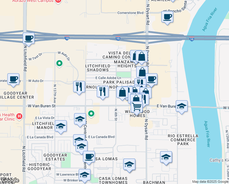 map of restaurants, bars, coffee shops, grocery stores, and more near 729 East Calle Chulo Road in Goodyear