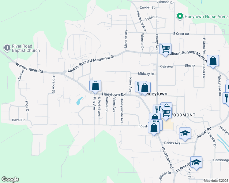map of restaurants, bars, coffee shops, grocery stores, and more near 1442 Hueytown Road in Hueytown