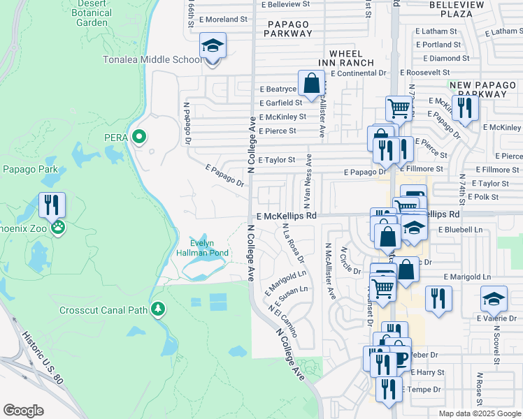map of restaurants, bars, coffee shops, grocery stores, and more near 2002 North Squire Avenue in Tempe