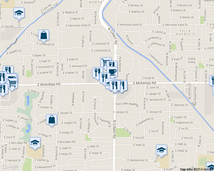 map of restaurants, bars, coffee shops, grocery stores, and more near 1923 E McKellips Rd in Mesa