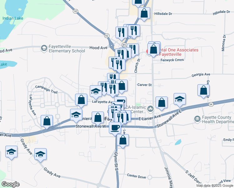 map of restaurants, bars, coffee shops, grocery stores, and more near Highway 92 in Fayetteville