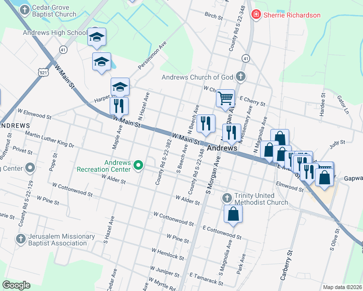 map of restaurants, bars, coffee shops, grocery stores, and more near 4 South Beech Avenue in Andrews