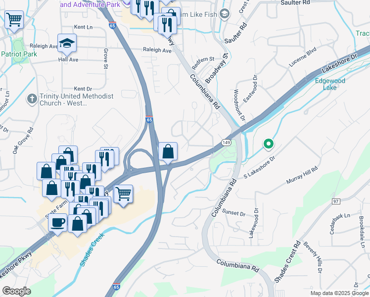 map of restaurants, bars, coffee shops, grocery stores, and more near 1204 Ivy Brook Circle in Birmingham