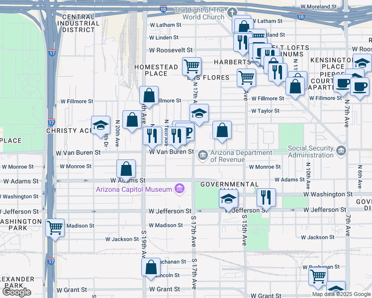 map of restaurants, bars, coffee shops, grocery stores, and more near 1718 West Van Buren Street in Phoenix