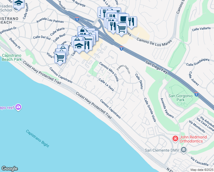 map of restaurants, bars, coffee shops, grocery stores, and more near 3357 Calle La Veta in San Clemente