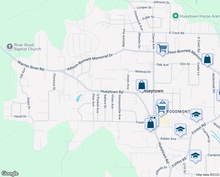 map of restaurants, bars, coffee shops, grocery stores, and more near 1442 Hueytown Rd in Hueytown